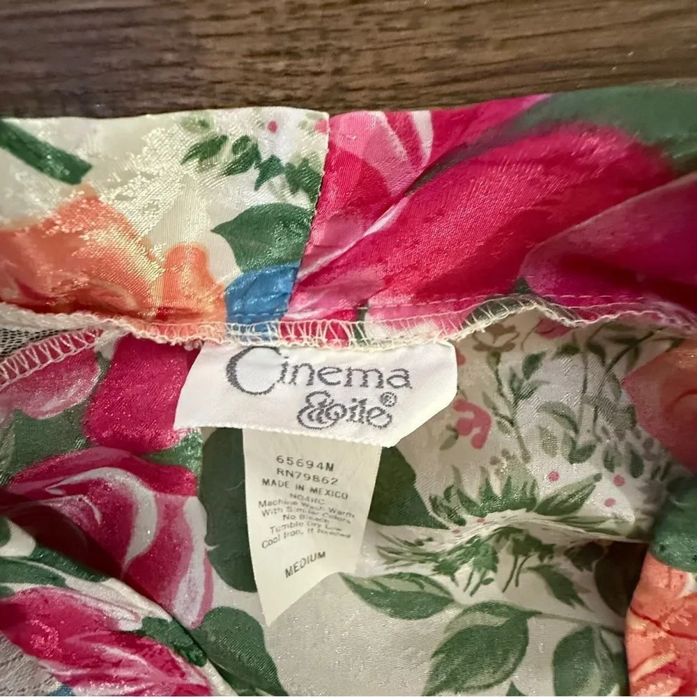 Vintage Cinema Etoile Floral Lace Kimono Robe Matching Sash Pink White Green Med